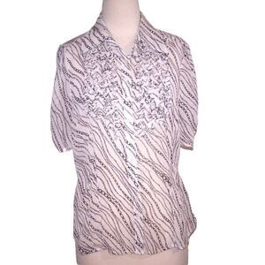 Worthington Shirt Top Womens 14 Sheer Chain Print Ruffled Button Up Crinkled